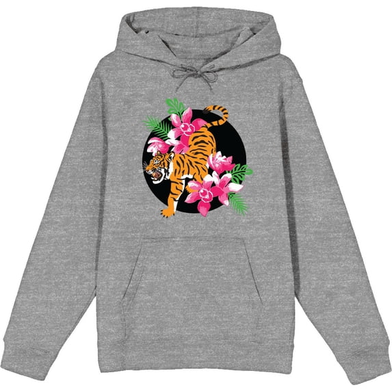 Natural World Tiger & Flowers Heather Gray Adult Long Sleeve Hoodie-Large