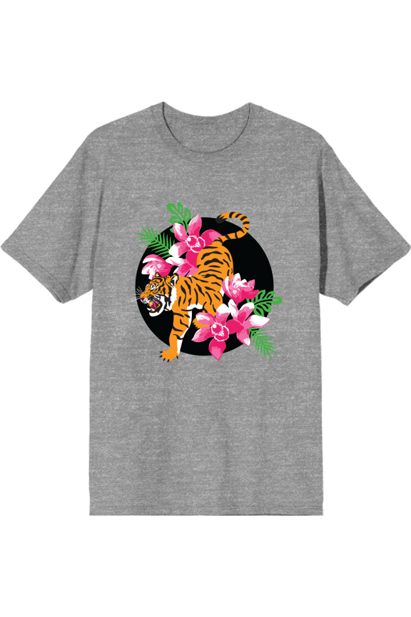 Natural World Tiger & Flowers Heather Gray Men's Crew Neck Short Sleeve Tee-Medium