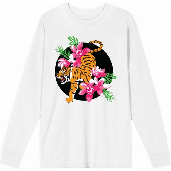 Natural World Tiger & Flowers White Adult Crew Neck Long Sleeve Tee-Large