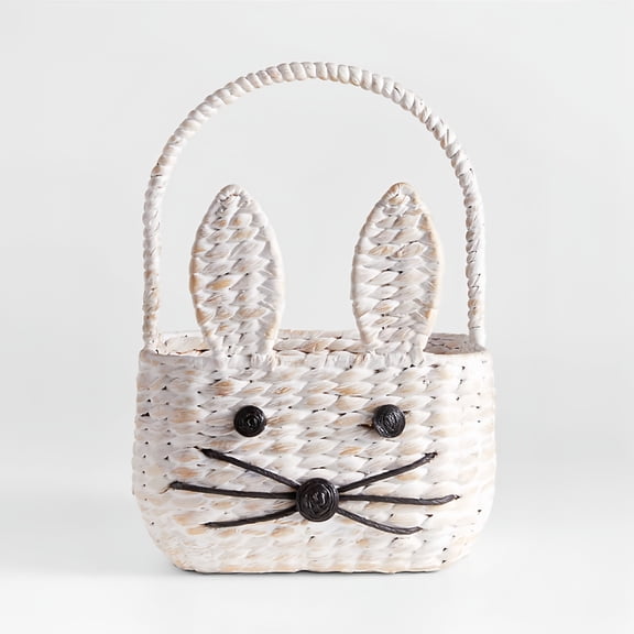 Natural Woven Bunny Easter Basket – Straw Rabbit Basket with Pom Pom Nose & Burlap Bow | Cute Woven Bunny Easter Basket for Spring Egg Hunts & Gifts