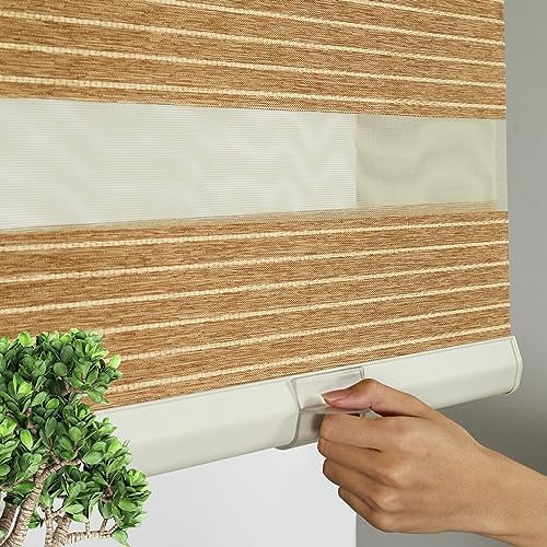 Natural Woven Faux Linen Cordless Zebra Blinds for Windows Roller Shades Room Darkening Thermal Insulated Free-Stop Blinds for Doors, Home and Living Room, Brown(27.5" W x 56" H, Brown)