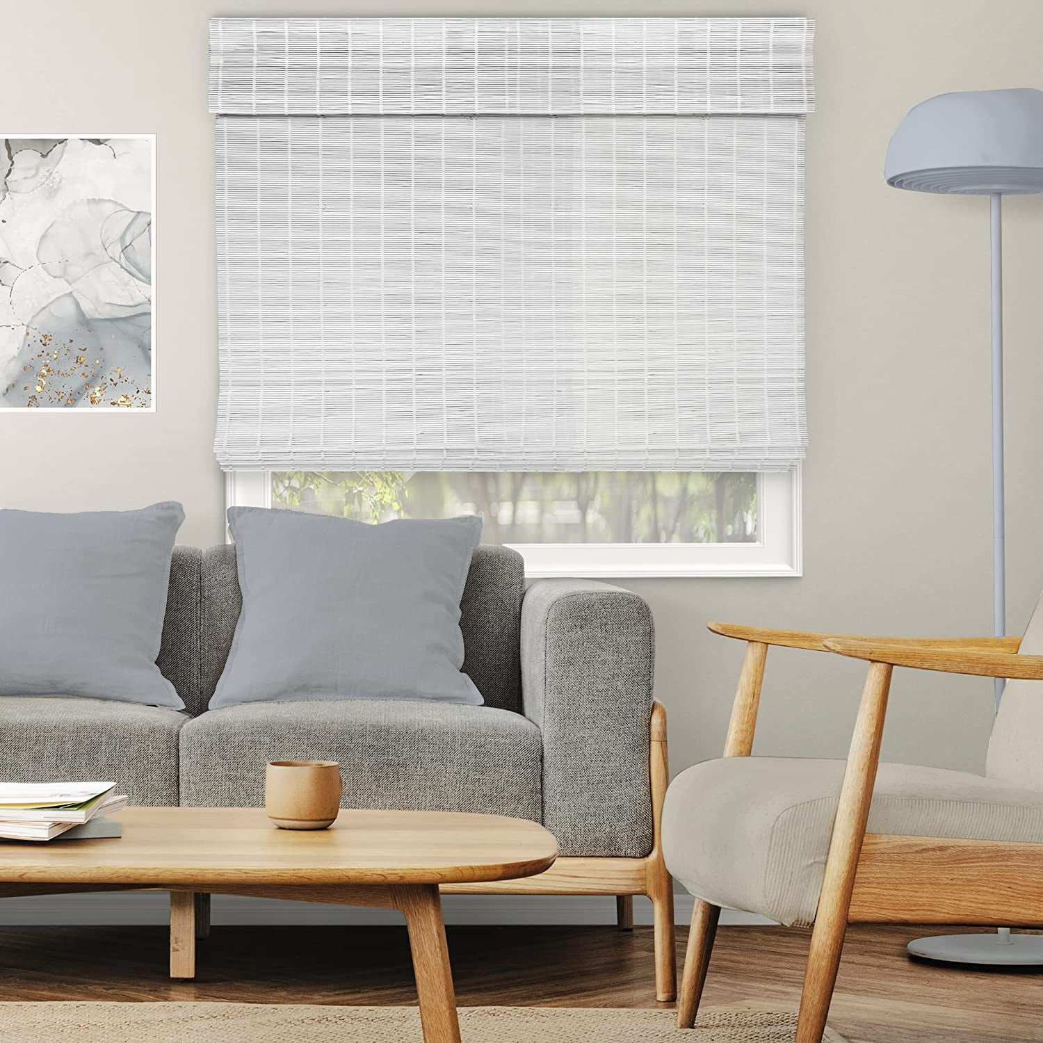 Natural Woven Light Filtering Cordless Bamboo Roman Shades for Windows, 21 in. W x 60 in. L, Dior Grey