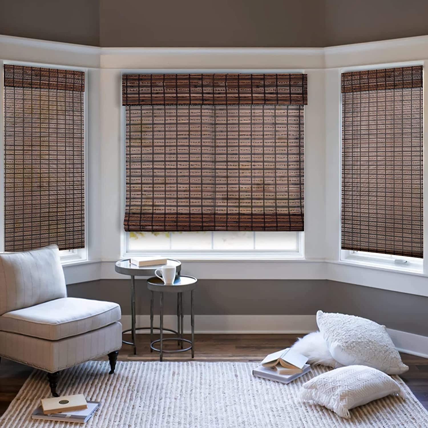Natural Woven Light Filtering Cordless Bamboo Roman Shades for Windows, 23 in. W x 36 in. L, Jacobean