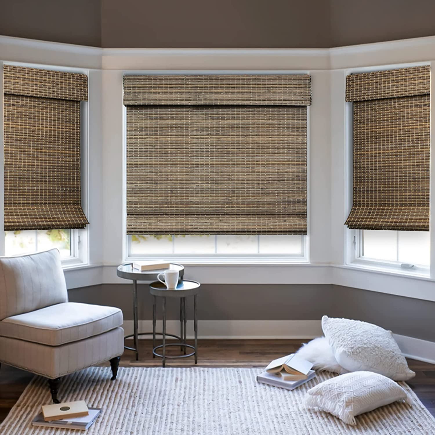 Natural Woven Light Filtering Cordless Bamboo Roman Shades for Windows, 26.5 in. W x 36 in. L, Smokey Ash