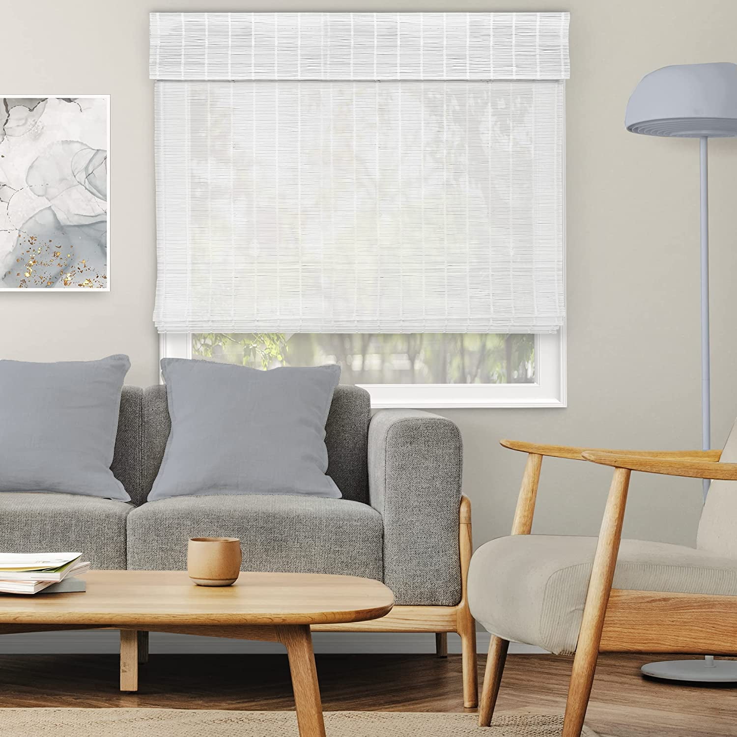 Natural Woven Light Filtering Cordless Bamboo Roman Shades for Windows, 31.5 in. W x 48 in. L, Snow