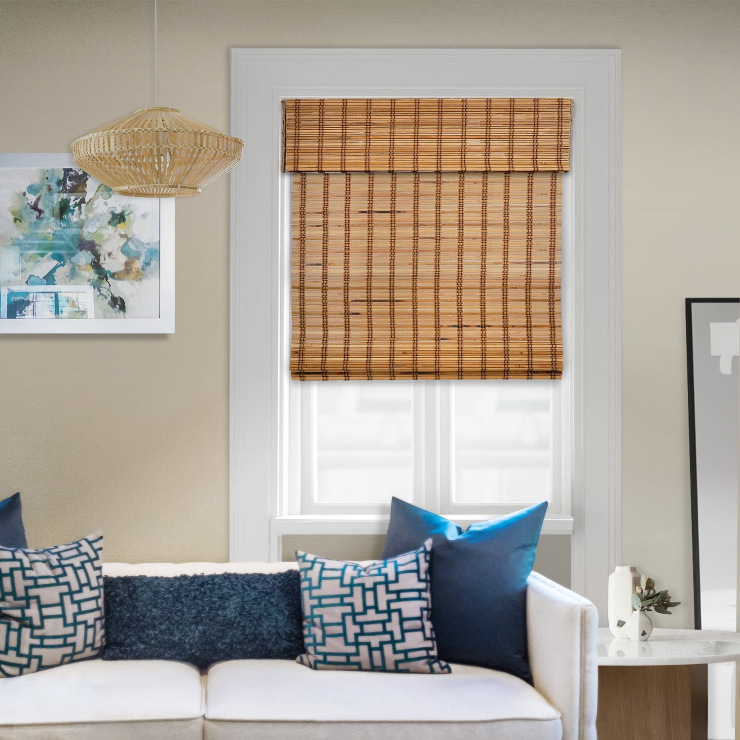 Natural Woven Light Filtering Cordless Bamboo Roman Shades for Windows, 35 in. W x 48 in. L, Camel