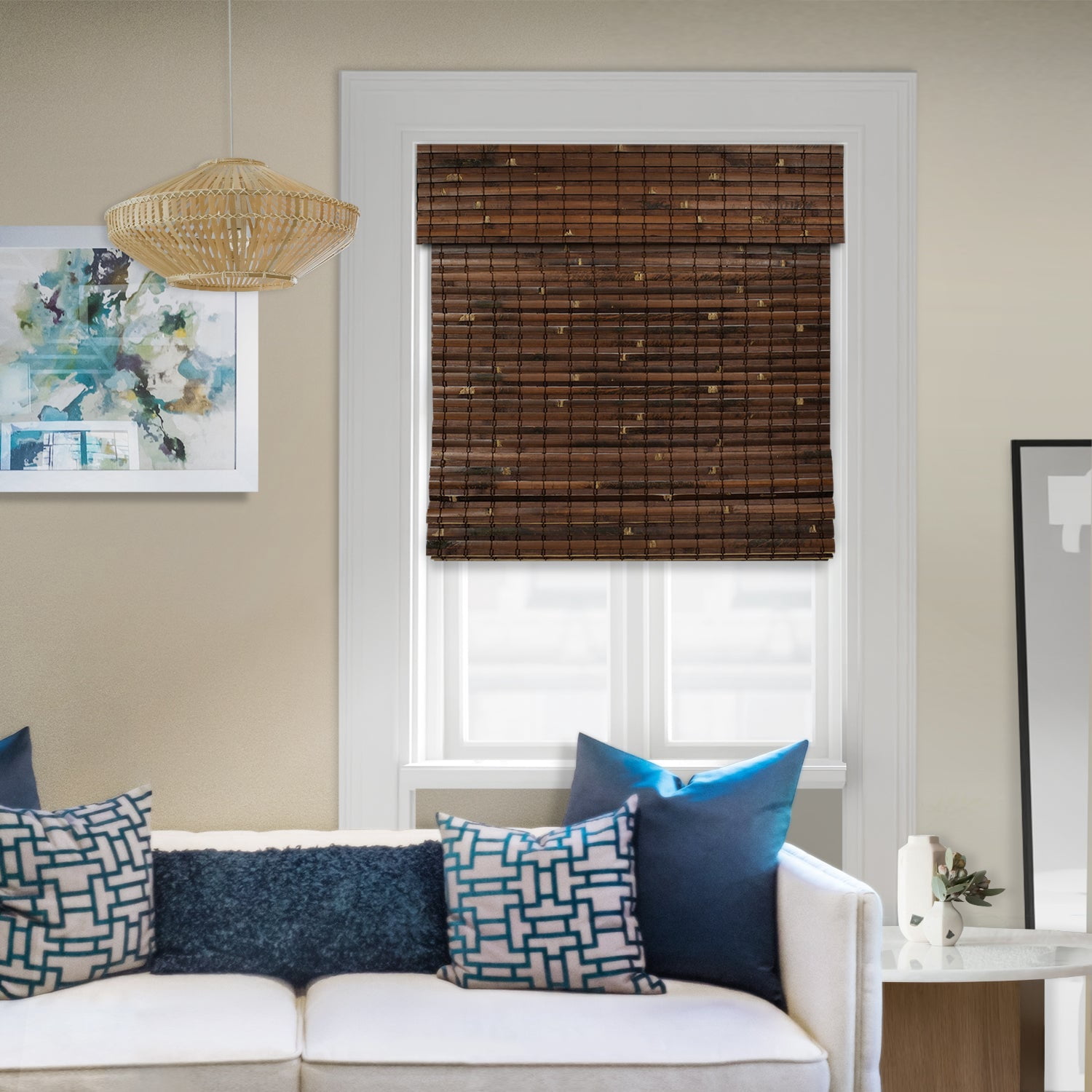 Natural Woven Light Filtering Cordless Bamboo Roman Shades for Windows, 38 in. W x 60 in. L, Smoke