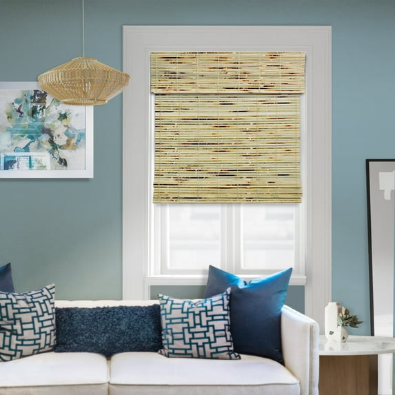 Natural Woven Light Filtering Cordless Bamboo Roman Shades for Windows, 39.5 in. W x 72 in. L, Sage Green