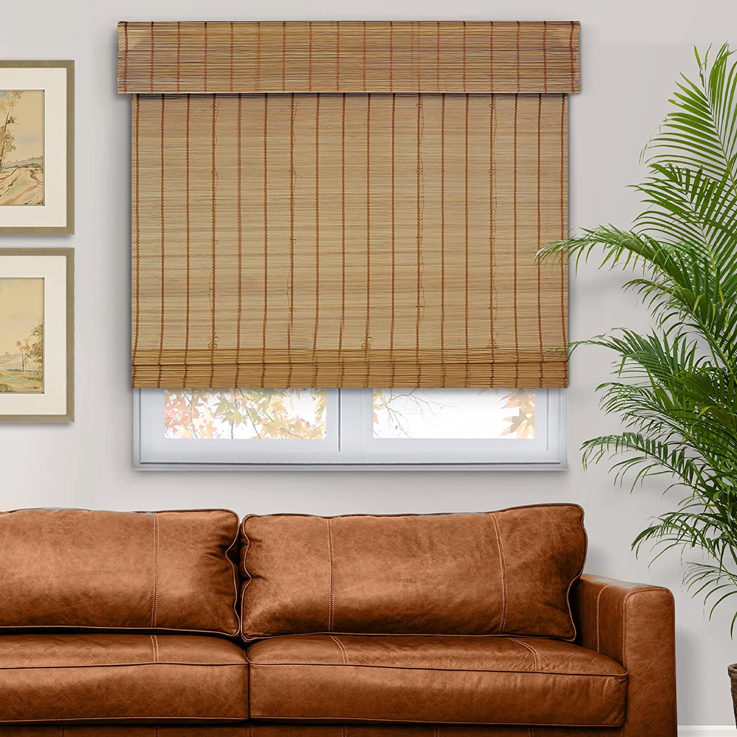Natural Woven Light Filtering Cordless Bamboo Roman Shades for Windows, 55.5 in. W x 36 in. L, Butternut