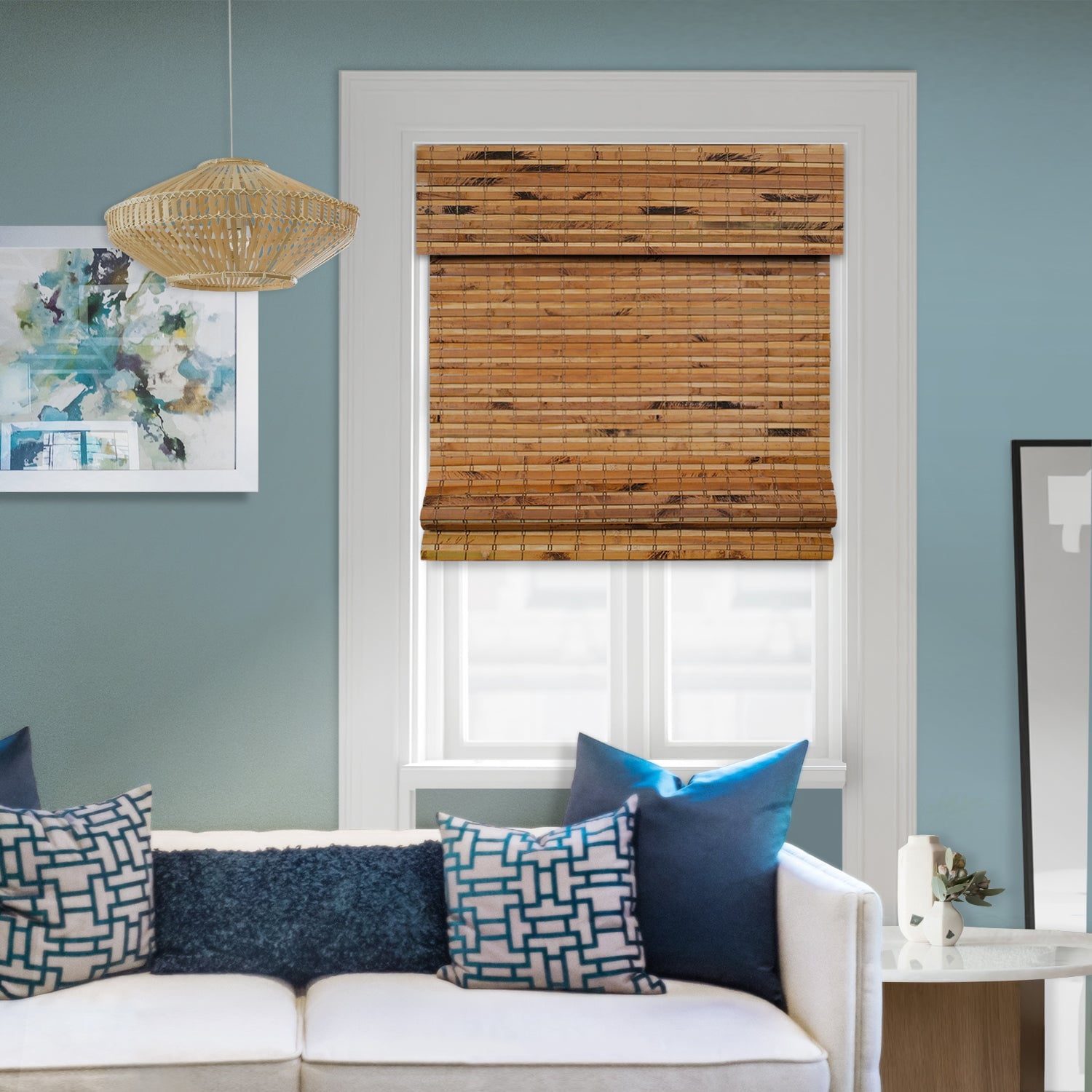 Natural Woven Light Filtering Cordless Bamboo Roman Shades for Windows, 58.5 in. W x 36 in. L, Maple
