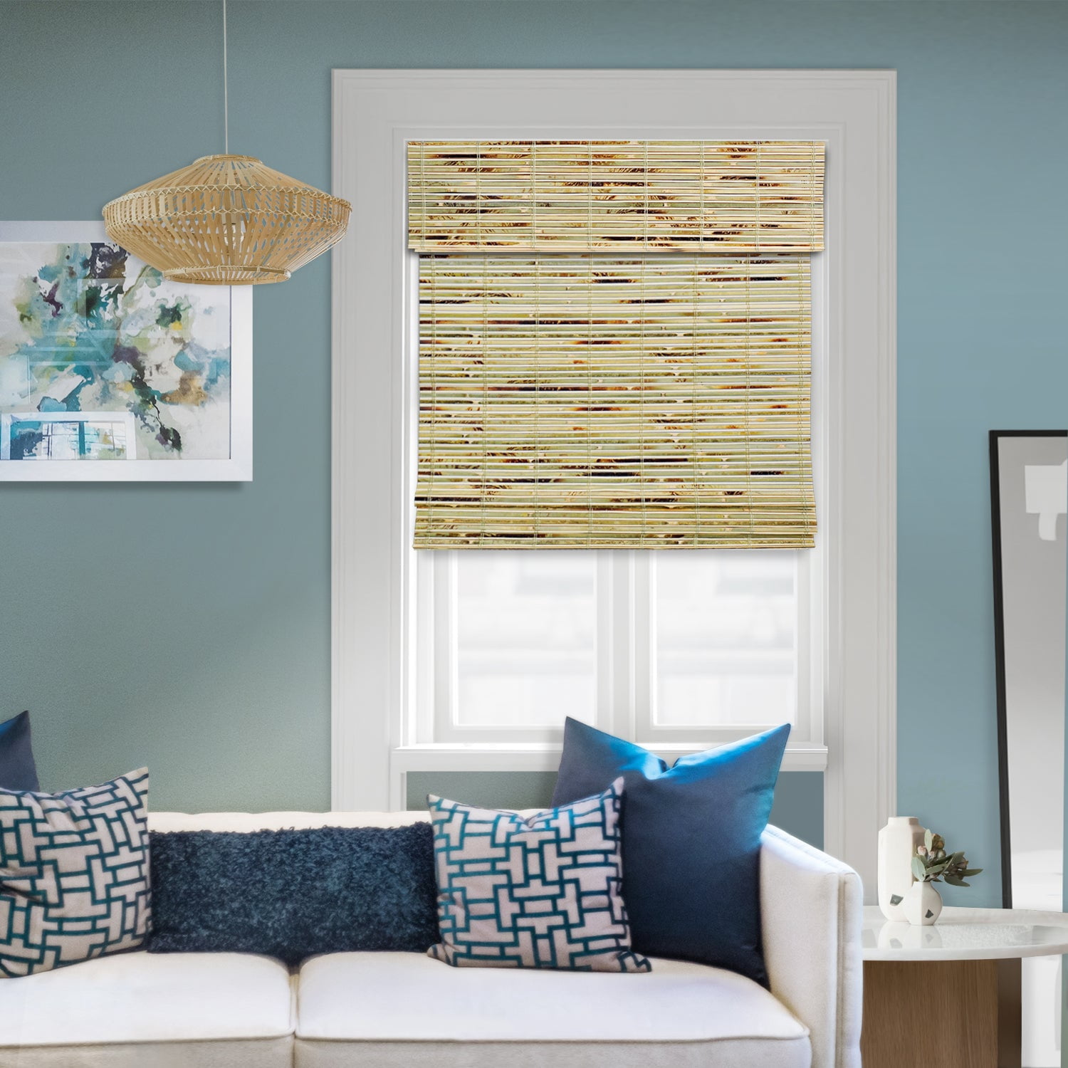 Natural Woven Light Filtering Cordless Bamboo Roman Shades for Windows, 61.5 in. W x 36 in. L, Sage Green