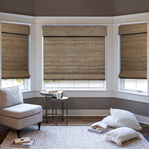 Natural Woven Light Filtering Cordless Bamboo Roman Shades for Windows, 62.5 in. W x 72 in. L, Smokey Ash