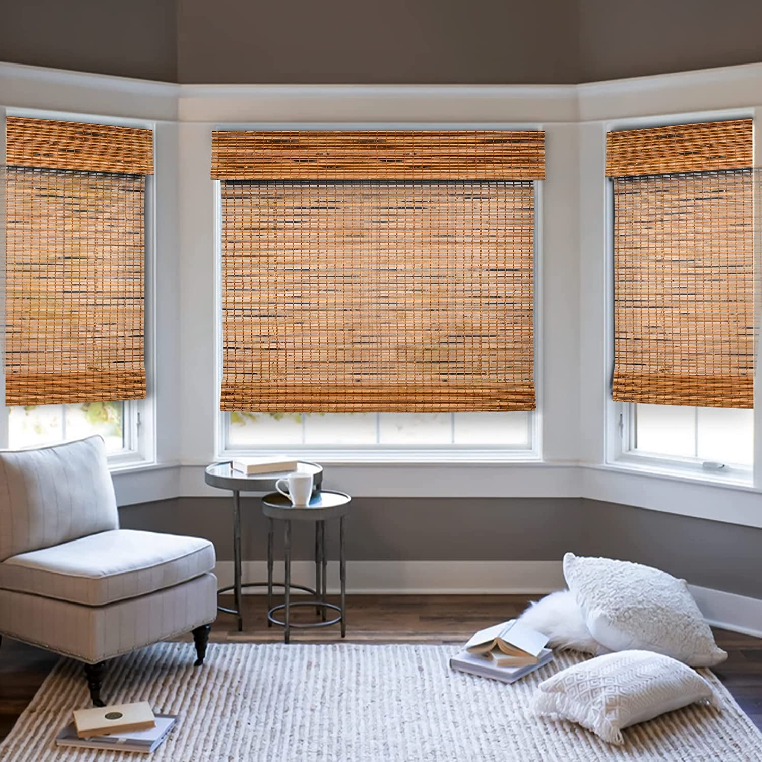Natural Woven Light Filtering Cordless Bamboo Roman Shades for Windows, 72 in. W x 48 in. L, Salem