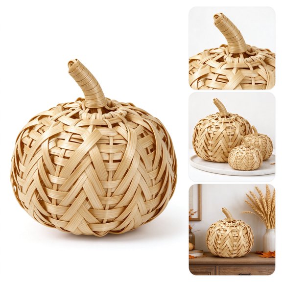 Natural Woven Rattan Pumpkin, Handcrafted Retro Wicker Pumpkin with Sturdy Stem for Autumn Fall Farmhouse Table, Mantel and Shelf Thanksgiving Decor
