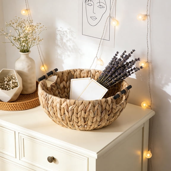 Natural Woven Round Basket Handmade Seagrass Storage Bin, Boho Wicker Basket for Kitchen Counter Decor Bread Fruit, Rustic Storage Holder for Towels Plants Toys