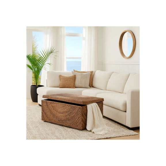 Natural Woven Storage Bench for Home Decor - Decorative Entryway or Living Room Bench for Blanket Storage - Handcrafted Contemporary Accent for Bedroom and Hallway - 19", Brown & Tan