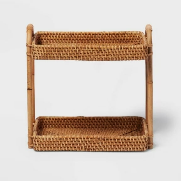 Natural Woven Tiered Vanity Bathroom Tray: Rattan Countertop Storage Accessory, Spot Clean