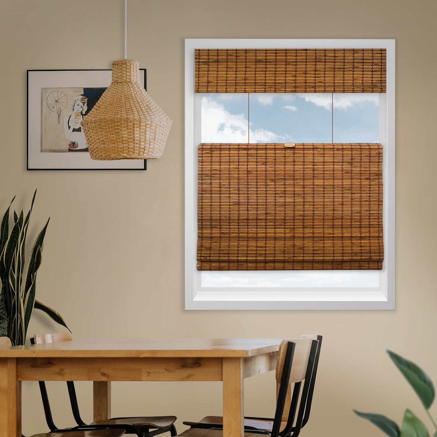 Natural Woven Top Down Bottom Up Cordless Bamboo Roman Shades for Windows, 40 in. W x 60 in. L, Frost