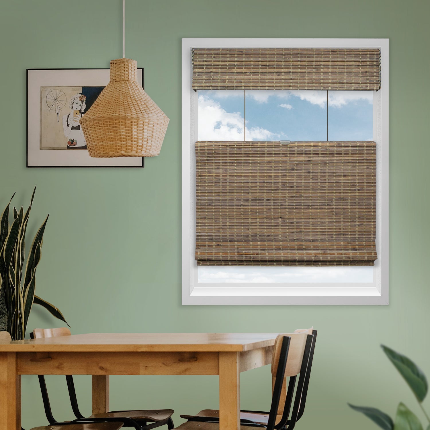Natural Woven Top Down Bottom Up Cordless Bamboo Roman Shades for Windows, 44 in. W x 72 in. L, Smokey Ash