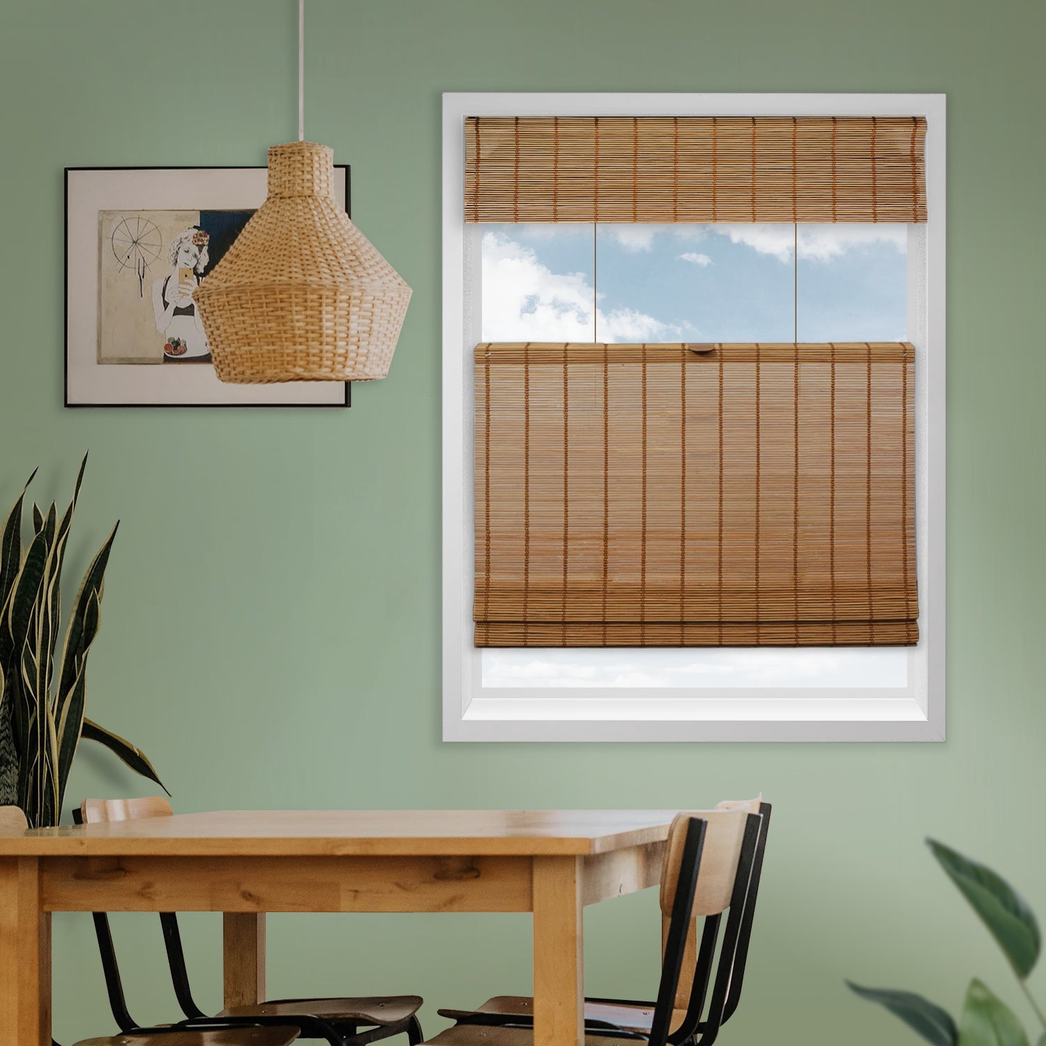 Natural Woven Top Down Bottom Up Cordless Bamboo Roman Shades for Windows, 50 in. W x 48 in. L, Butternut