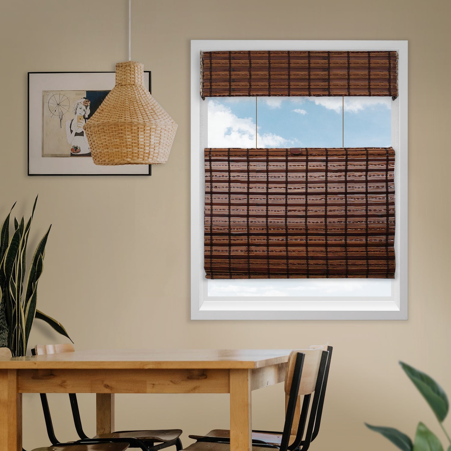 Natural Woven Top Down Bottom Up Cordless Bamboo Roman Shades for Windows, 51.5 in. W x 60 in. L, Jacobean