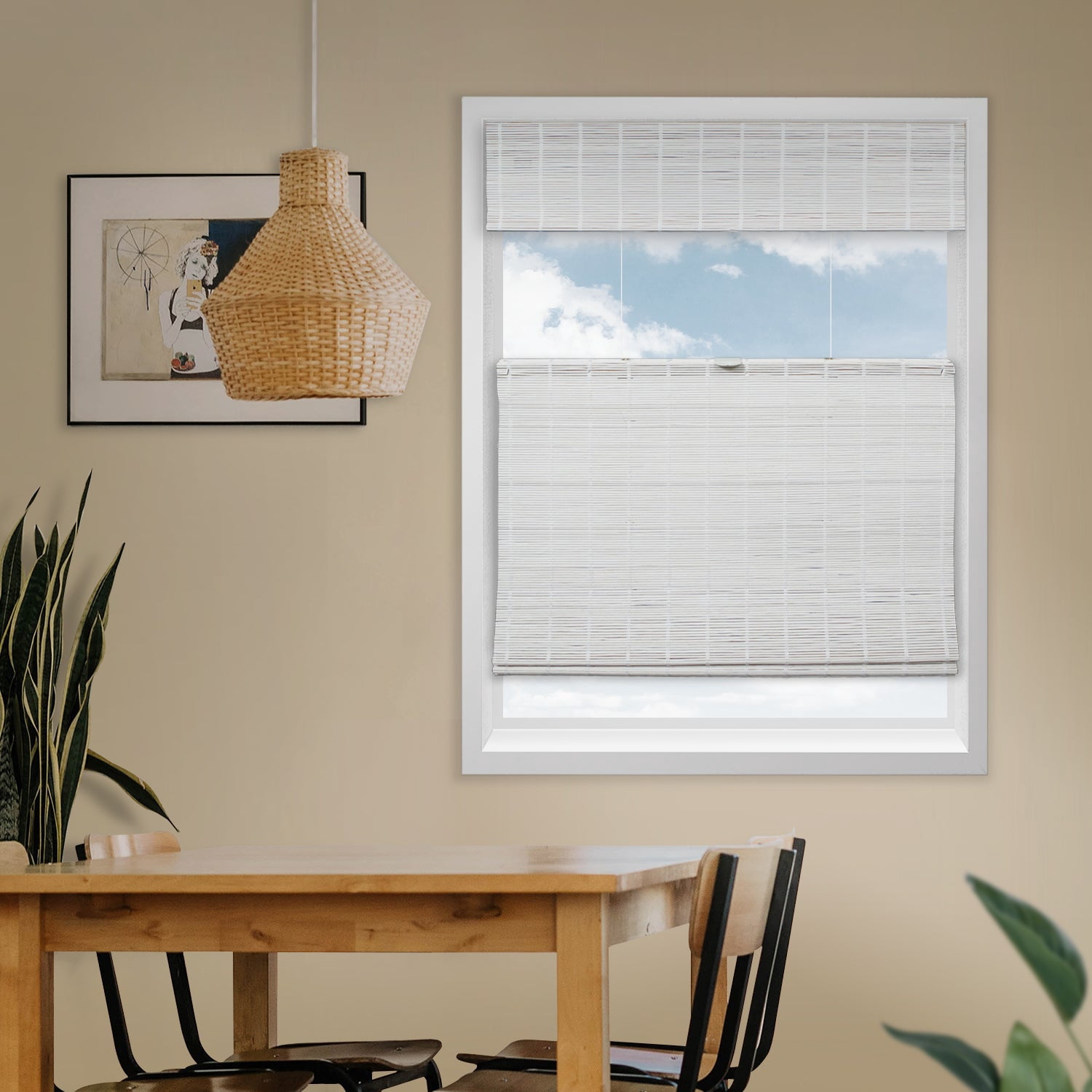 Natural Woven Top Down Bottom Up Cordless Bamboo Roman Shades for Windows, 56.5 in. W x 36 in. L, Snow