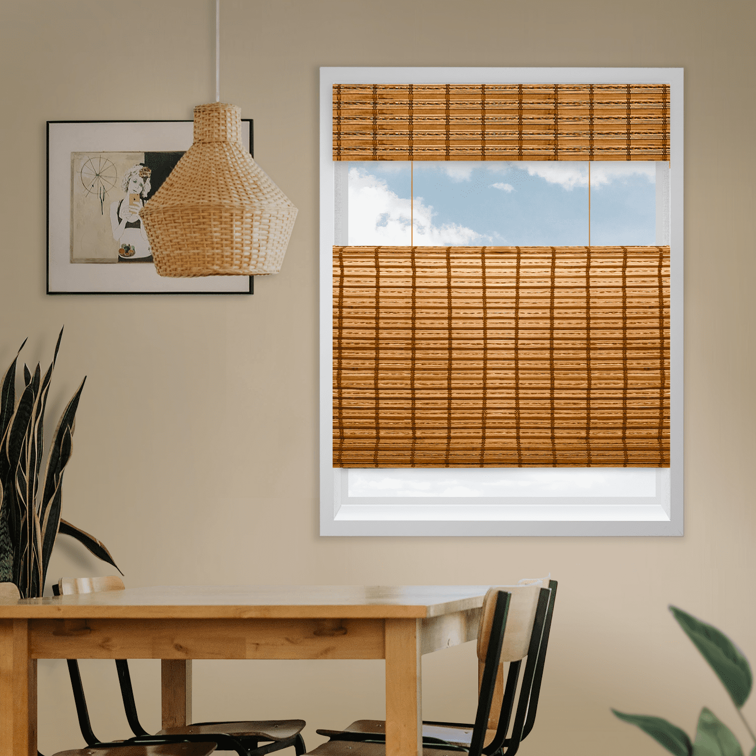 Natural Woven Top Down Bottom Up Cordless Bamboo Roman Shades for Windows, 64 in. W x 60 in. L, Honey Wheat