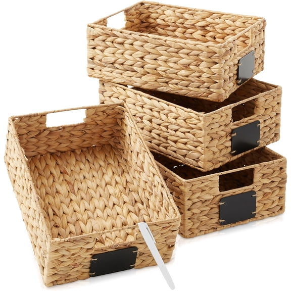 Natural Woven Water Hyacinth Pantry Baskets 4-Pack, 10135 Inch, Chalk Labels & Marker Included, Kitchen Shelf Organizers