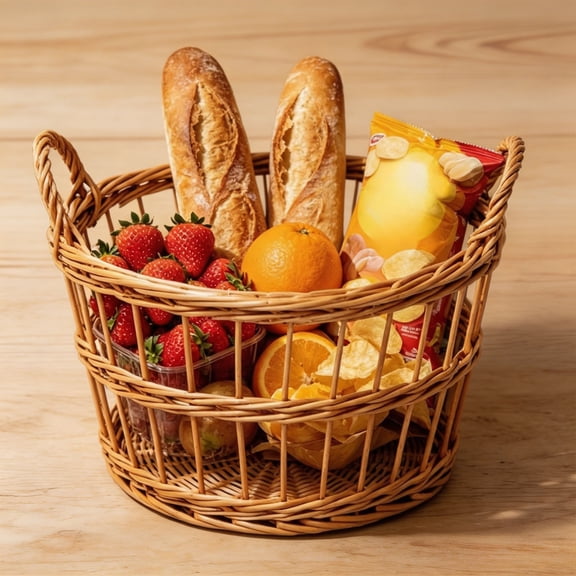 Natural Woven Willow Storage Basket with Handle, Harvest Basket, Handcrafted Wicker Storage Basket for Kitchen Counter Pantry Organization, Picnic Shopping Home