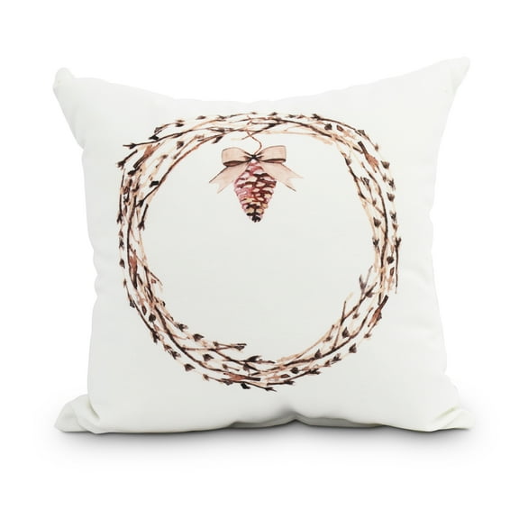 Natural Wreath 16 Inch Off White Holiday Print Decorative Throw Pillow