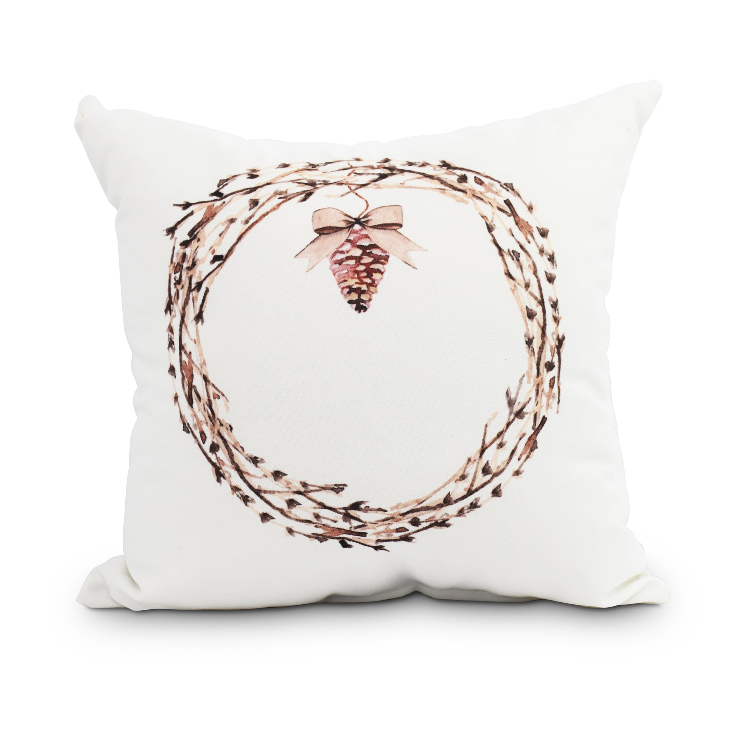 Natural Wreath 18 Inch Off White Holiday Print Decorative Throw Pillow