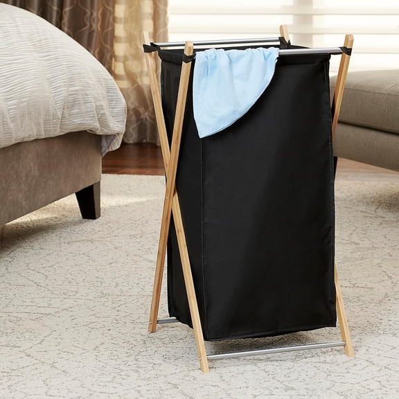 Natural X-Frame Bamboo Laundry Hamper - Washable Black Liner, Foldable for Storage