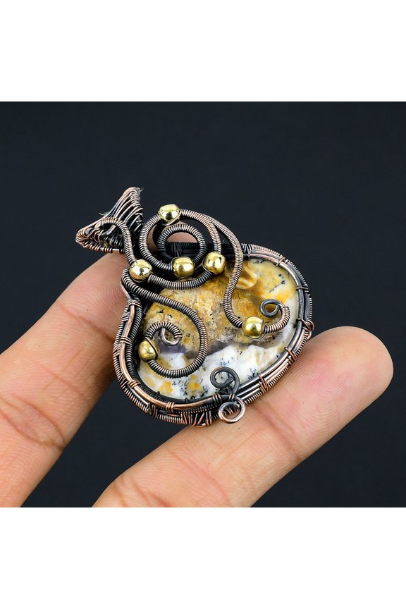 Natural Yellow Dendrite Opal Stone Handmade Copper Wire Wrap Pendant 2.05"