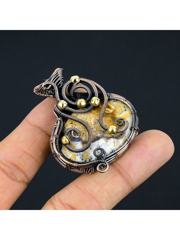 Natural Yellow Dendrite Opal Stone Handmade Copper Wire Wrap Pendant 2.05"
