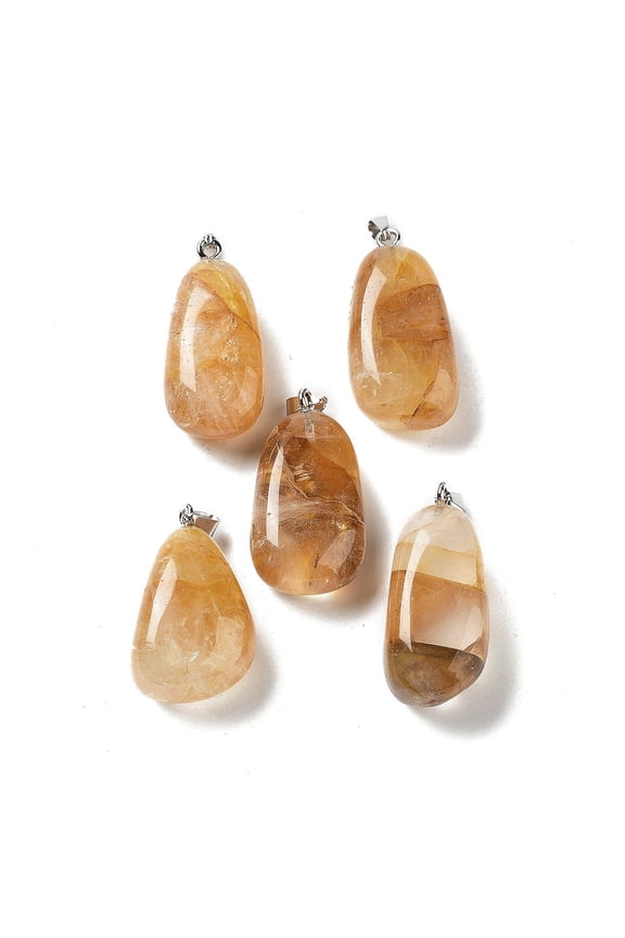 Natural Yellow Hematoid Quartz Pendants Charms with Stainless Steel Color Plated 201 Stainless Steel Snap on Bails 29.5-37x15-18x8-12mm