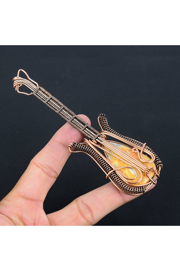 Natural Yellow Mookaite Handmade Copper Wire Wrap Guitar Pendant 4.53
