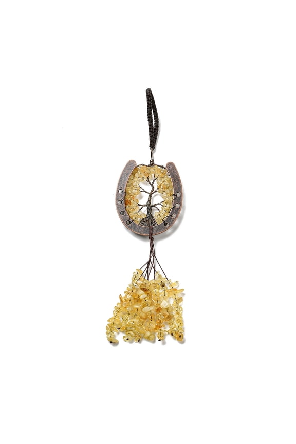 Natural Yellow Quartz Chip Tree of Life Pendants Decoration Brass Horse Shose Tassel Gems Hanging Ornaments 220mm Pendant: 170x59x7mm