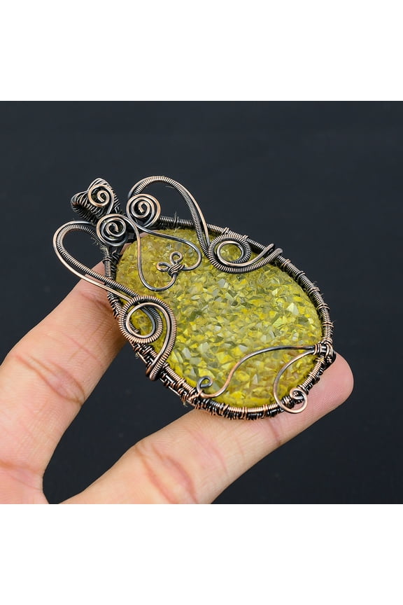 Natural Yellow Rough Crystal Stone Handmade Copper Wire Wrap Pendant 3.15"
