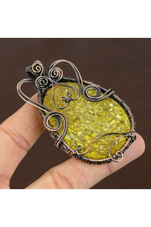 Natural Yellow Rough Crystal Stone Handmade Copper Wire Wrap Pendant 3.15"
