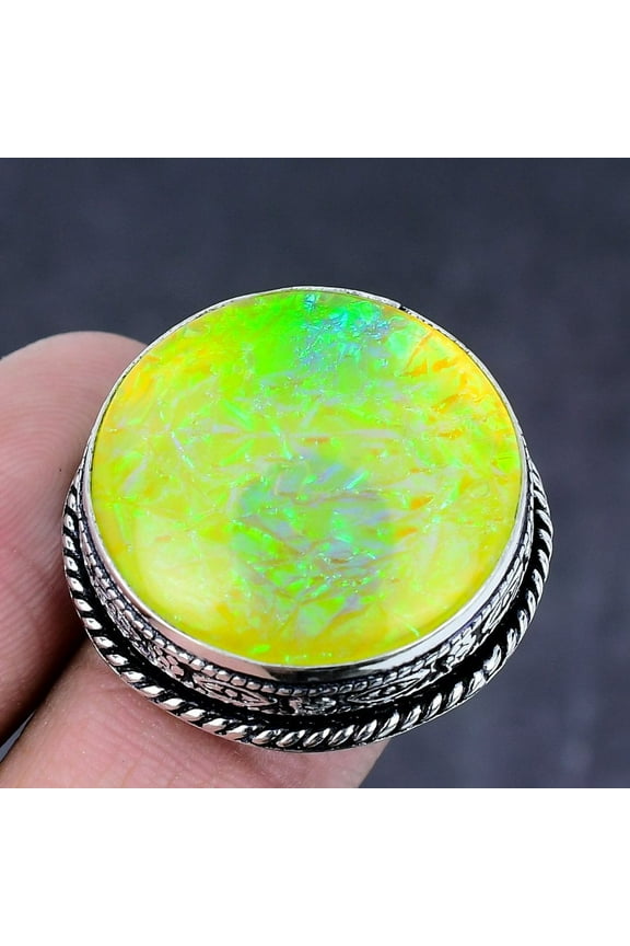 Natural Yellow Triplet Opal Gemstone Handmade 925 Steling Silver Ring S.7