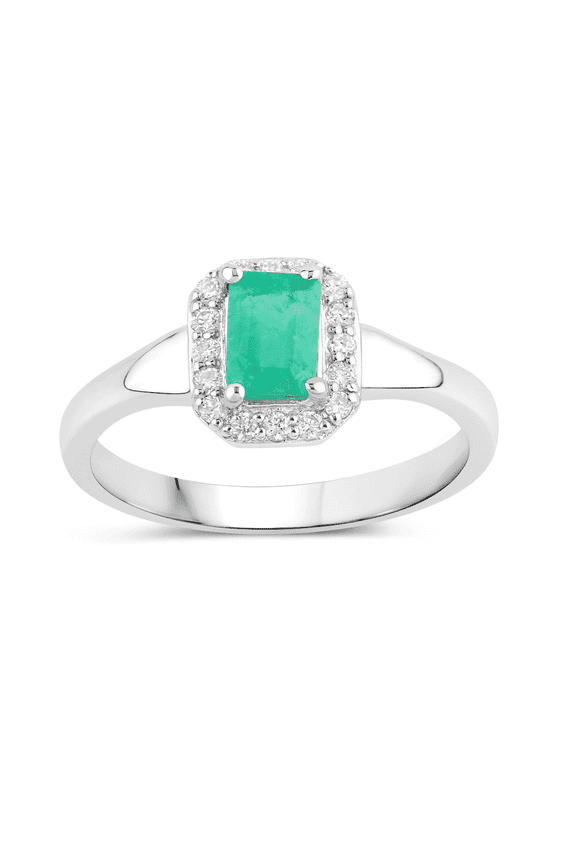 Zambian Emerald Halo Ring Sterling Silver Lab Diamond Ring May Birthstone Gift for Women