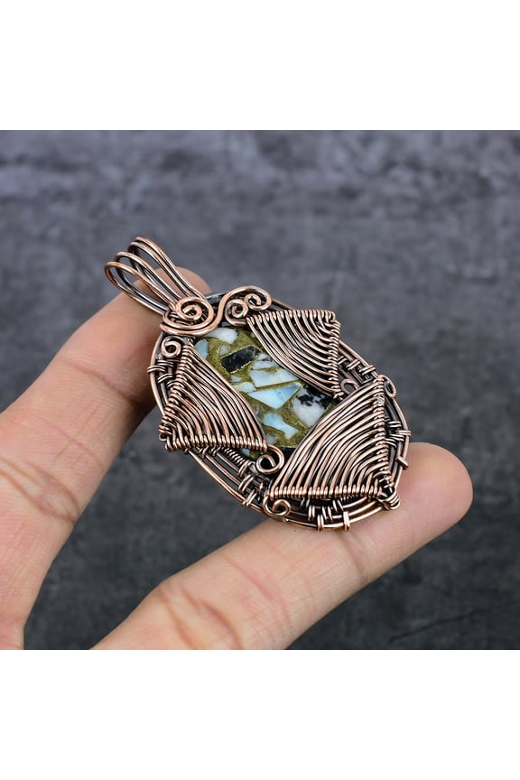 Natural Zebra Jasper Gemstone Copper Wire Wrap Gift Jewelry Pendant 2.56"