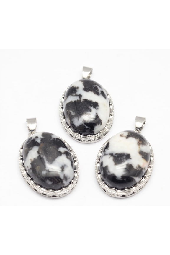 Natural Zebra Jasper Pendants with Brass Findings Oval Platinum 30x21x10~11mm Hole: 6x4mm