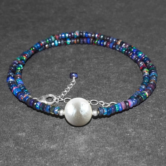 Natural Black Opal-Pearl Full Beads Dainty Choker Necklace for Women, Healing Crystals and Stone, October Birthstone, 925 Sterling Silver Chain 18 inch, Premium Jewelry Gift for Her Mom