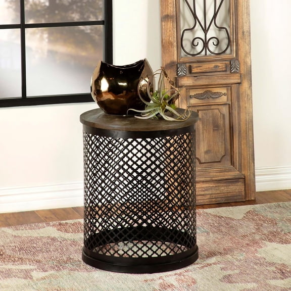 Generic Natural & Black Drum Base Accent Table - 22 H x 18 W x 18 D