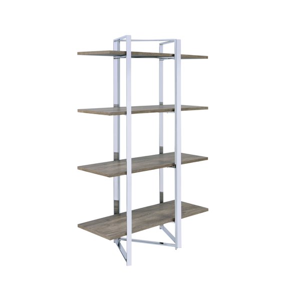 Natural and Chrome 4-Shelf Bookshelf,Natural Wood+Metal Furniture Primary Living Space Display Shelving Etageres