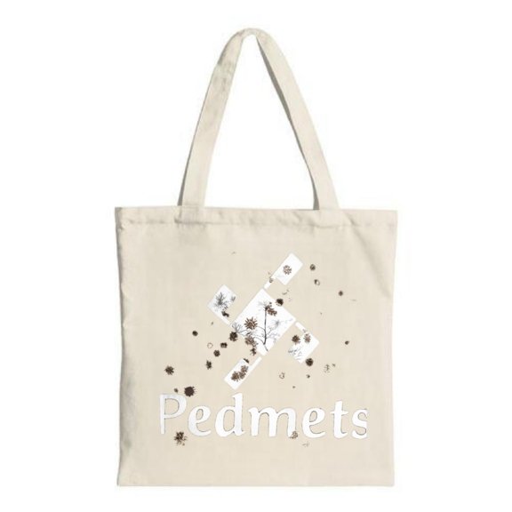 Natural beige tote bag with brown floral design white cross and ' pedmets ' in lowercase Perfect for shopping travel and parties