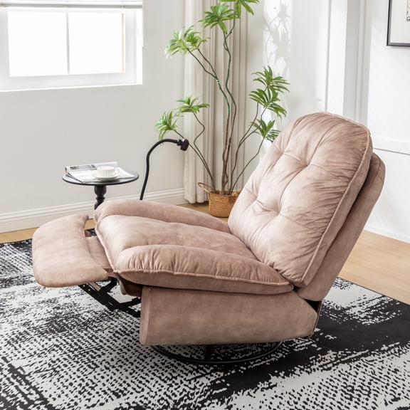 Natural brown Velvet Recliner Chair with Swivel Glider, Mobile Phone Holder, Large Comfortable Lazy Lounge Seat for Reading and Relaxing, Rocking Reclining Armchair with Gold Stamped Detail