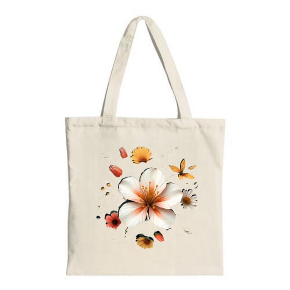 Natural canvas tote bag featuring a large white flower with orange accents and colorful smaller flowers perfect for shopping and travel