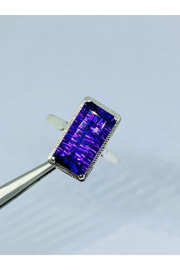 Natural concave cut baguette shape amethyst ring in 925 sterling silver